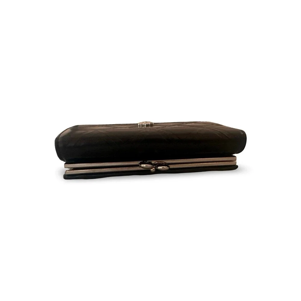 Authentic CLATHAS Black Quilted Leather Wallet with Camellia Emblem – Excellent
